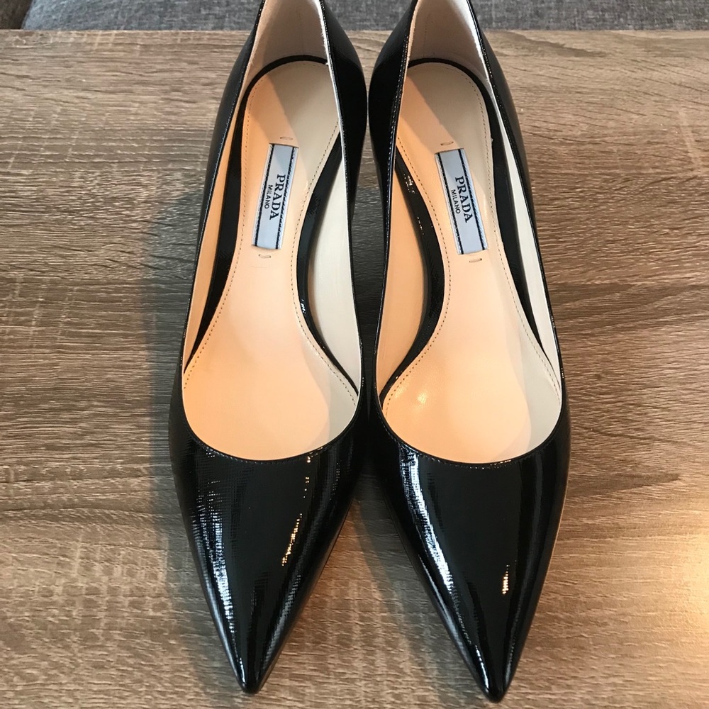Prada Saffiano Leather Black Patent Pumps Size 36